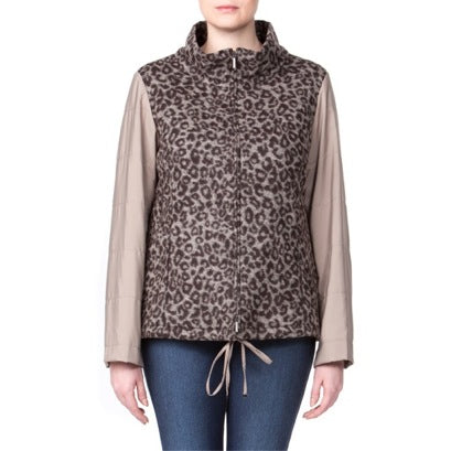 Women’s NATIVO jacket with animal print wool front and back, polyester sleeves, stand-up collar, and drawstring hem — Persona by Marina Rinaldi