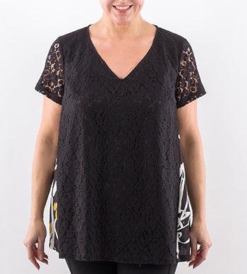 FALENA blouse with short lace sleeves, V-neckline, tonal lace front, and flowing printed back for feminine city and evening looks