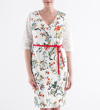 Dama floral dress with lace sleeves and red belt — Persona by Marina Rinaldi