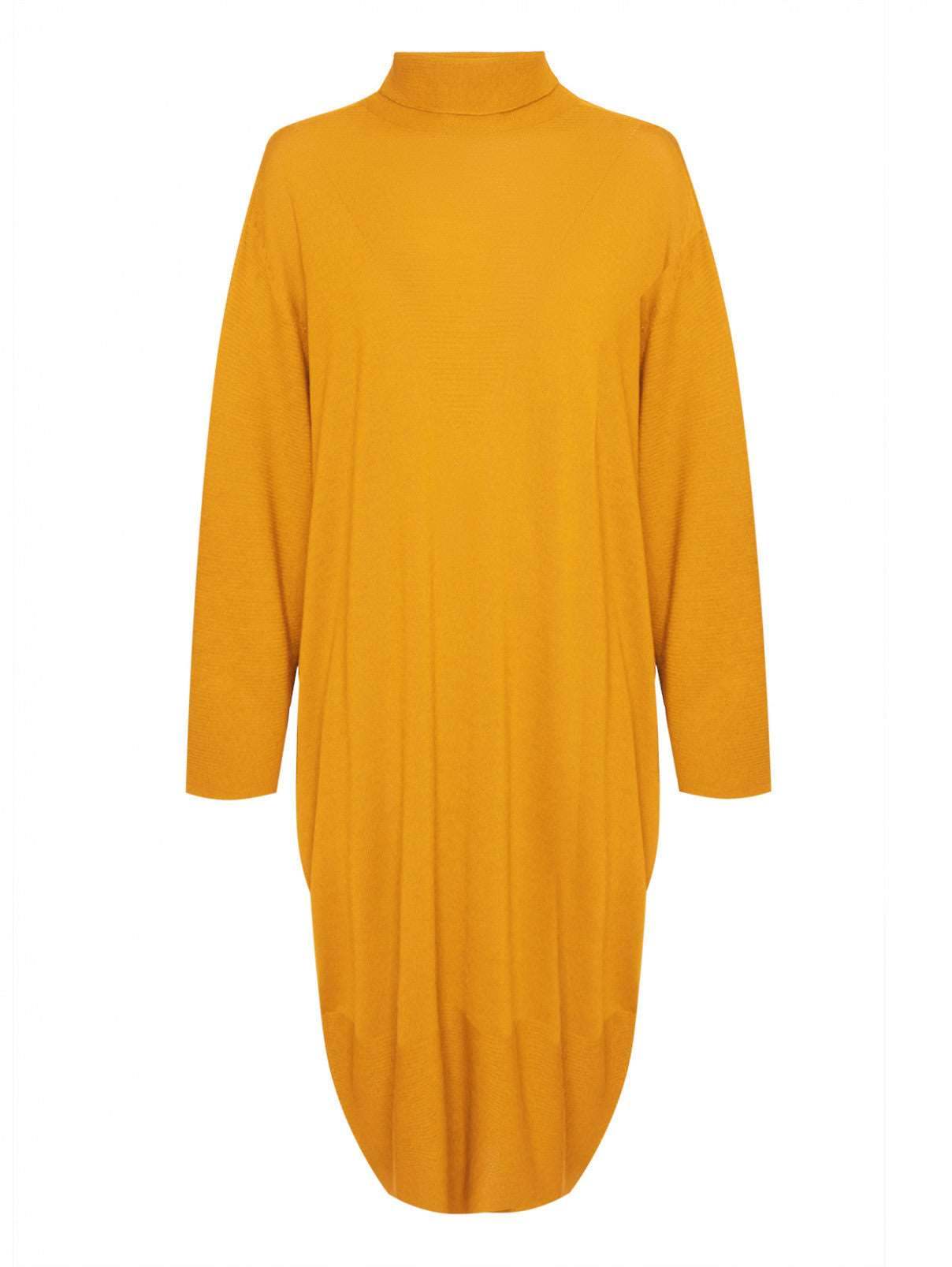 Dress GRACE seamless trapeze silhouette with raised stitches and soft high collar, made of merino wool blend