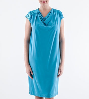 Oceanico draped dress in silky acetate blend with sequin shoulder detail and relaxed silhouette