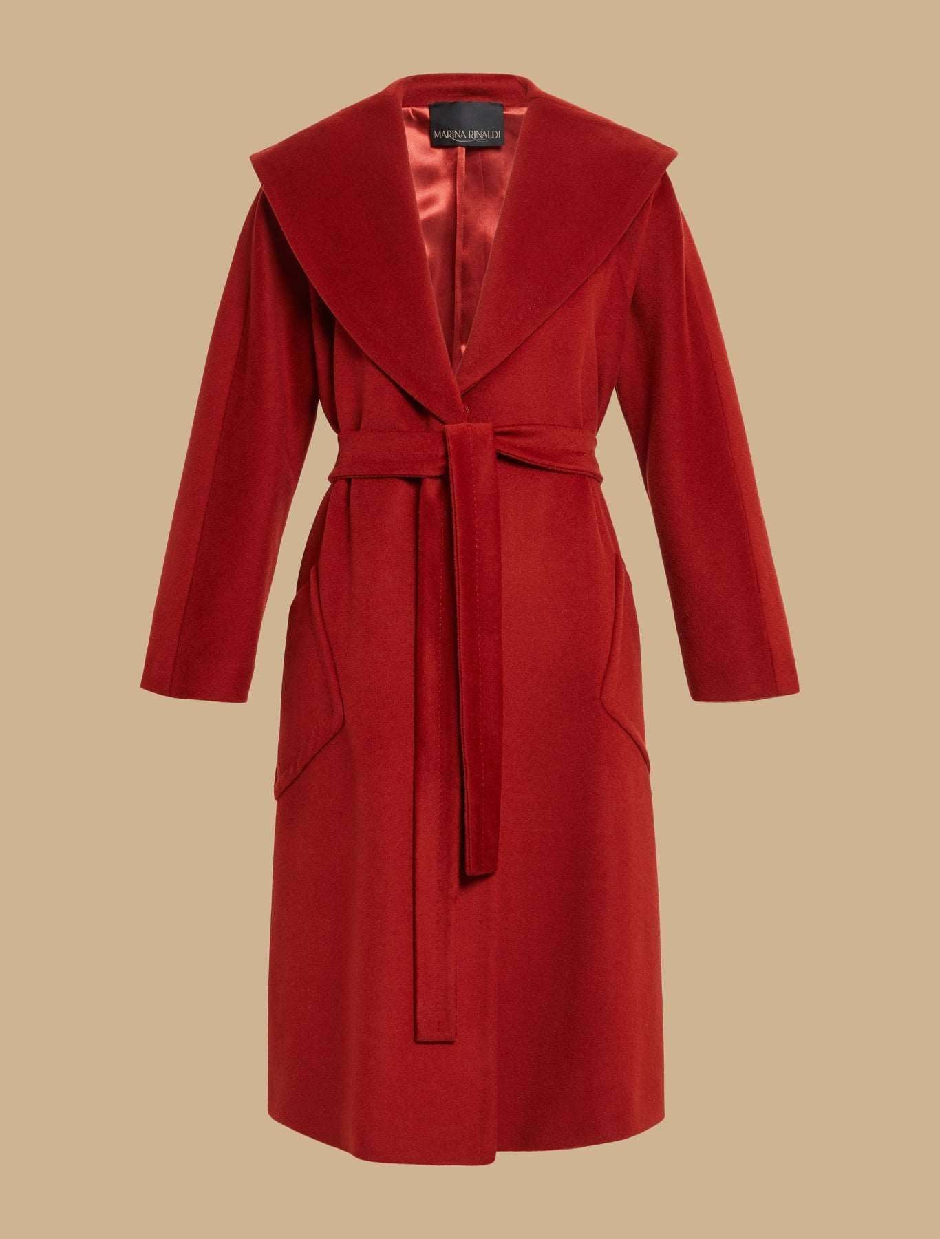 Elegant hand-sewn Coat TEMPO in virgin wool with maxi lapel, satin lining, and adjustable waist belt.