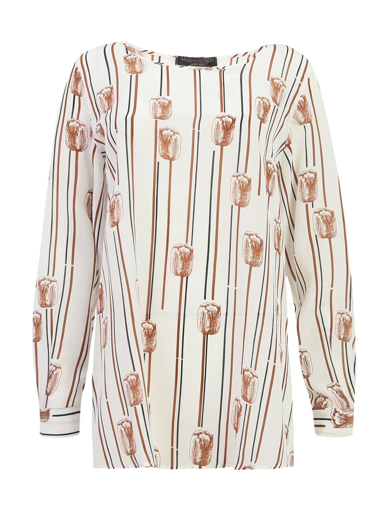 Close-up of tulip print on crepe fabric – BASIC blouse