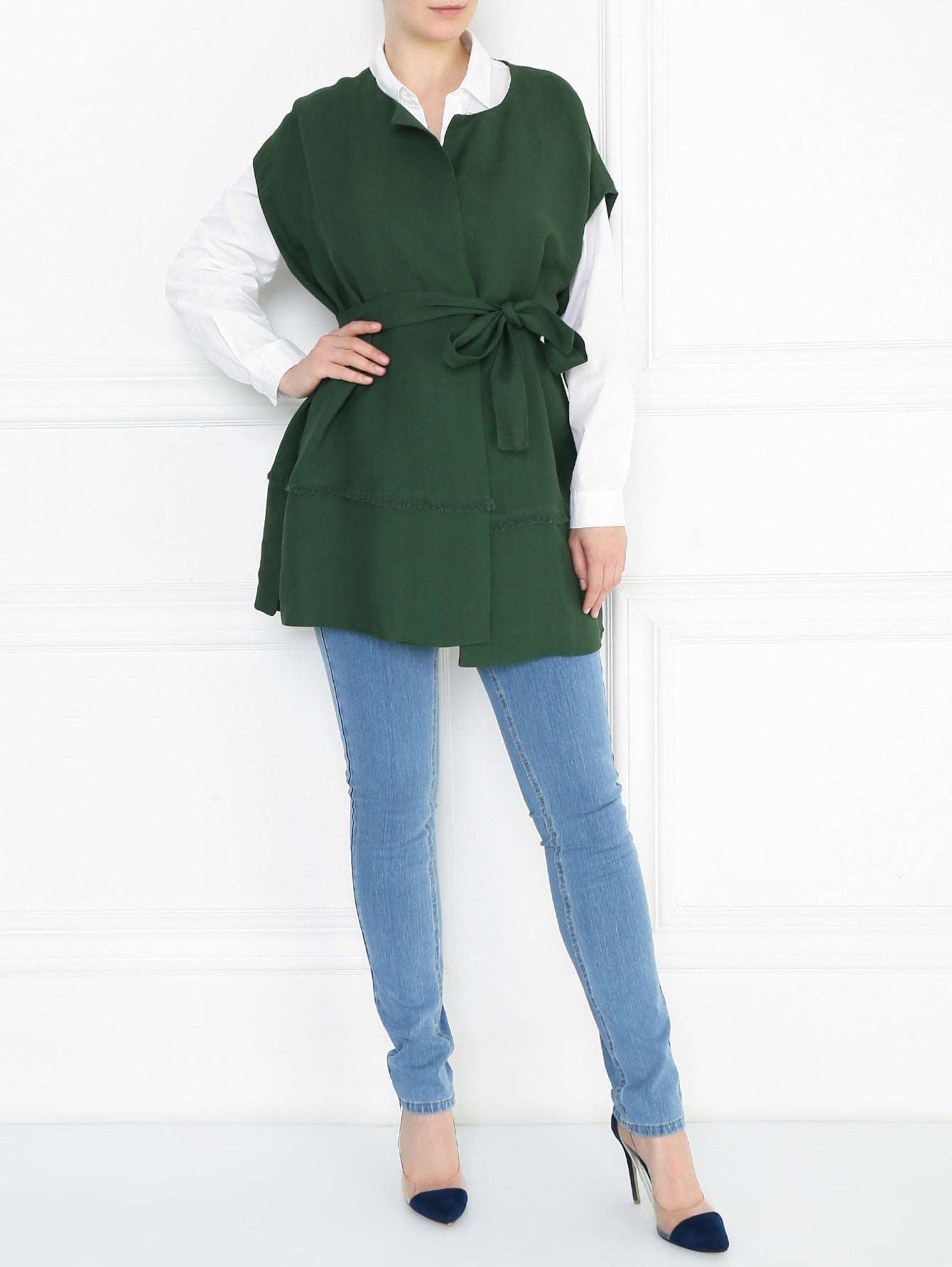 GINSENG vest with extended sleeve, belt, viscose and linen blend, stylish long vest