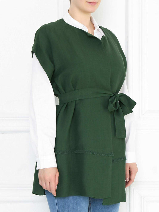 GINSENG vest long sleeveless with belt and trim detail in viscose and linen blend