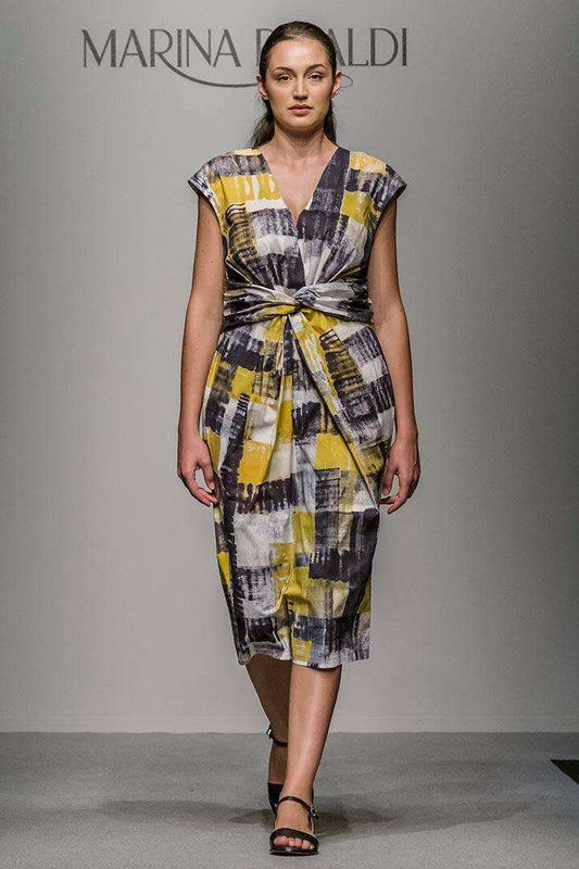 Dress DEVON yellow and gray sleeveless poplin with V-neck and draped waist
