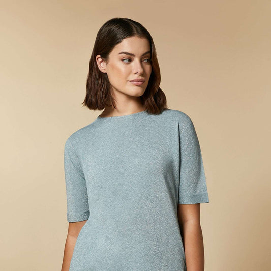 Straight-cut seamless Sweater ALCE with boat neck and short sleeves made from stretchy lurex viscose blend