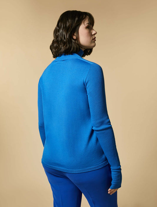 ASSOLUTO high-neck sweater in bright blue merino wool blend with thumbhole cuffs by Marina Rinaldi