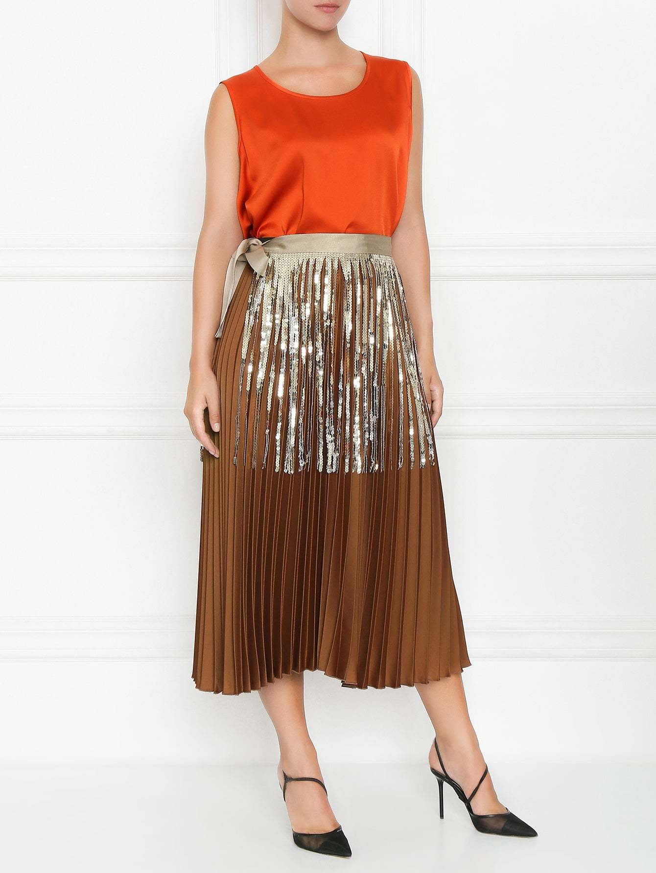 Larissa belt with gold sequin fringe and grosgrain ribbon for elegant waist tie accessory