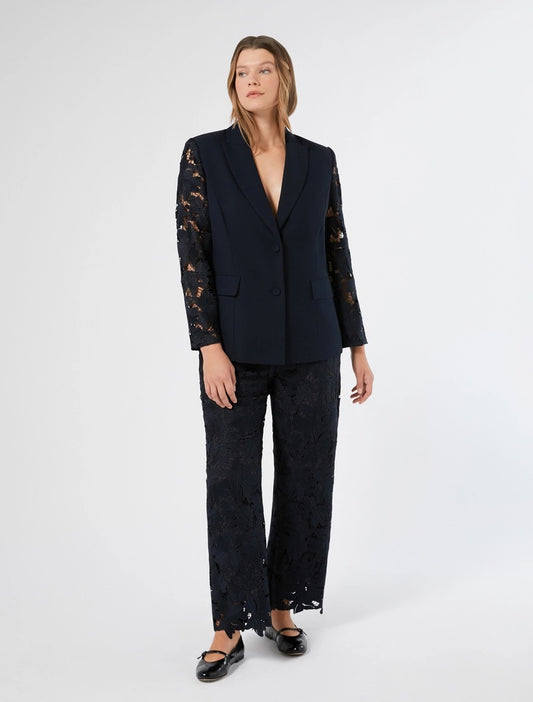 CALTE satin crepe blazer with lace macramé sleeves