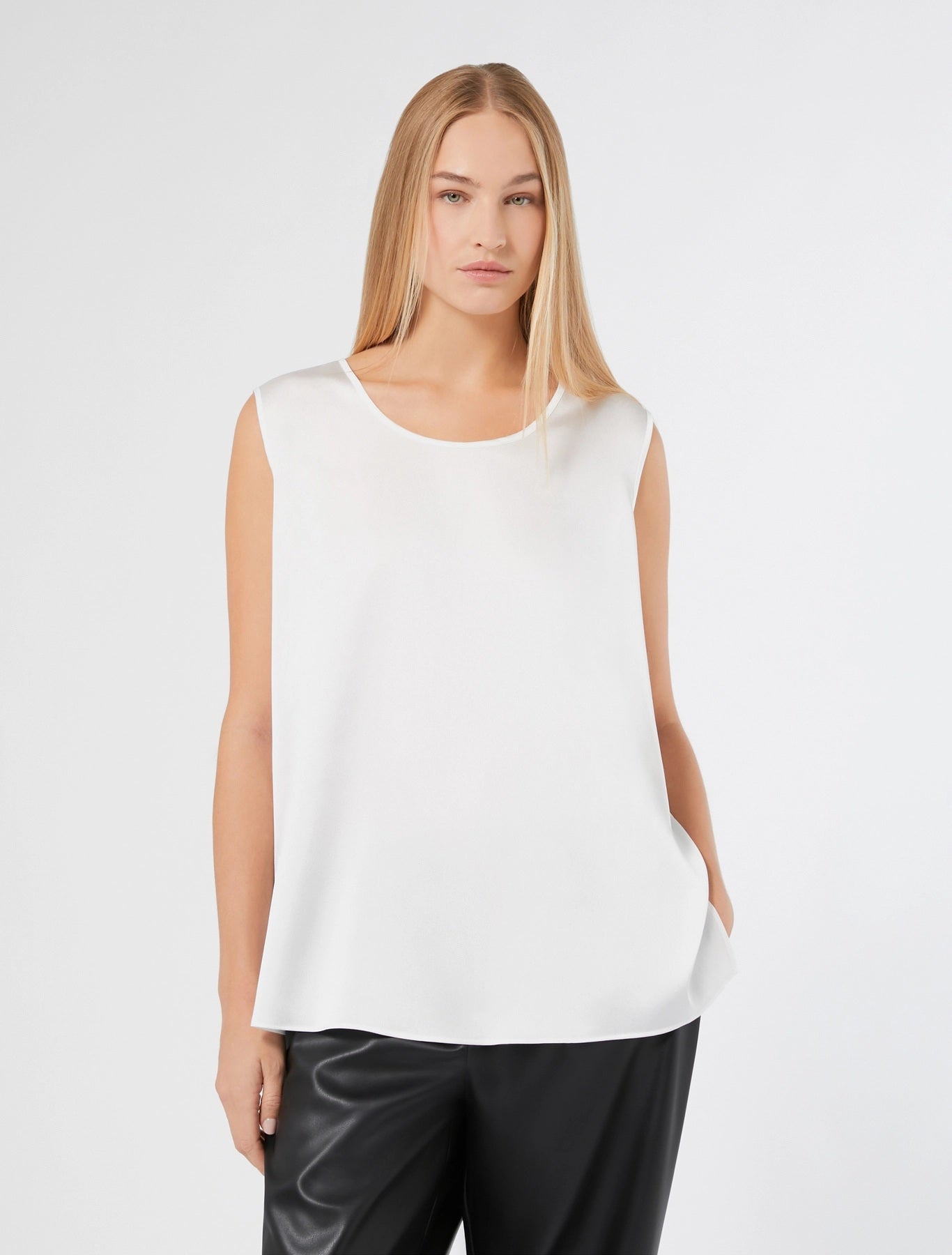 PACCHE white hammered satin sleeveless top by Persona by Marina Rinaldi on model