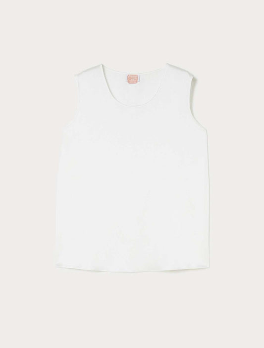 White hammered satin sleeveless top with round neckline and wide straps