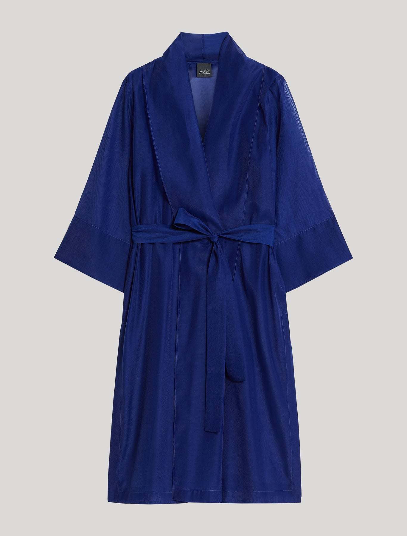 Elegant Coat GIUDA overcoat in organza with shawl collar, 3/4 sleeves, side slits, and belt, made of 100% polyester