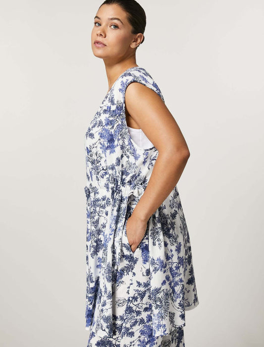 Long Vest ALCAMO in viscose and linen canvas with exclusive print, drawstring waist, and side slits.