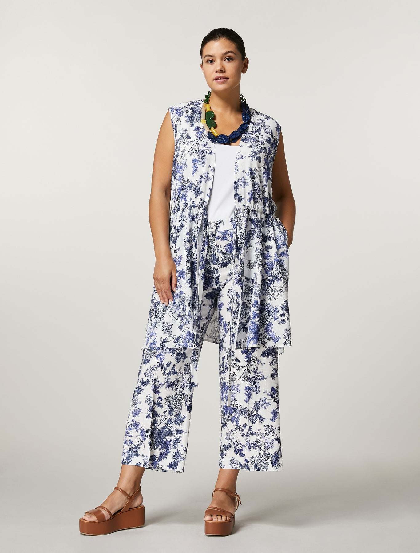 Long waistcoat Vest ALCAMO in viscose and linen with exclusive print and drawstring waist