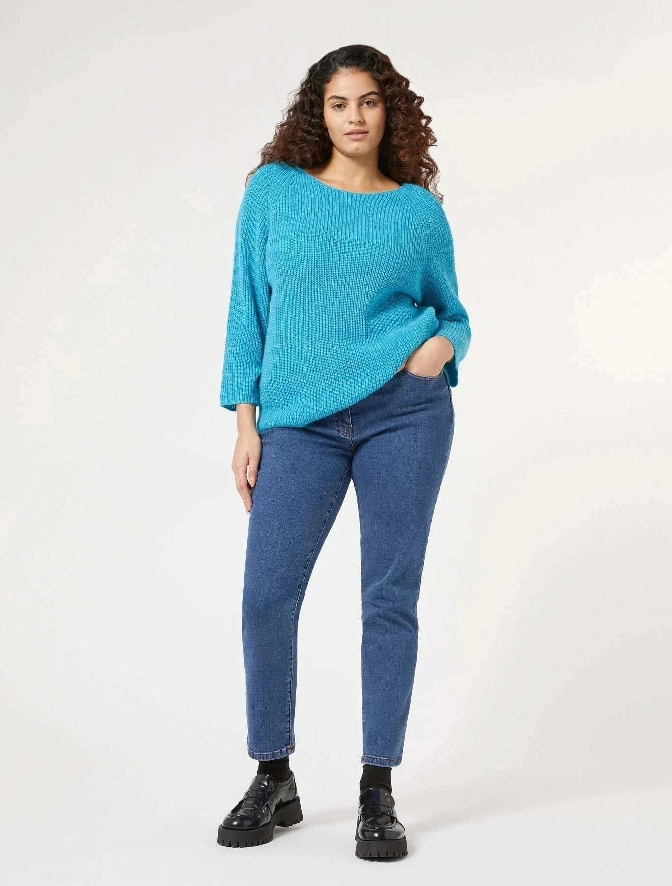 PAESE Denim Jeans medium wash blue stretch cotton classic 5-pocket straight leg plus-size design