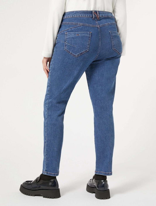 Plus-size PAESE denim jeans in medium wash blue with classic 5-pocket design and shaping seams