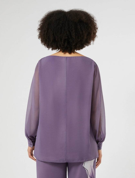 Back view of straight-cut georgette blouse in purple with long sleeves and gathered cuffs