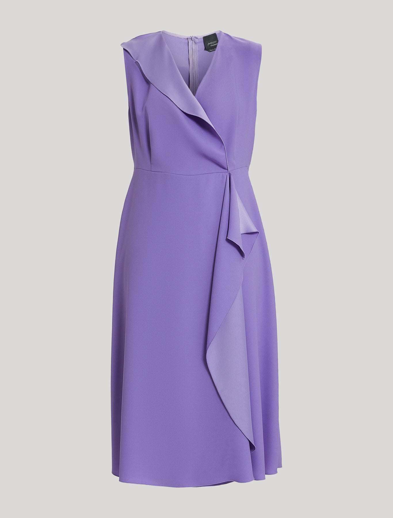 Dress ANDORRA midi satin crepe with flounce details and V-neck, detachable sleeves.