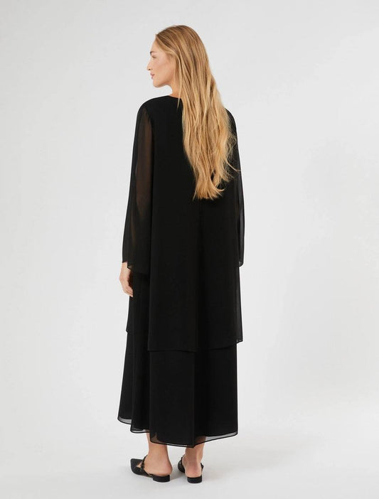 Back view of AFONE long plus size black georgette dress with double-layer design and 3/4-length slit sleeves