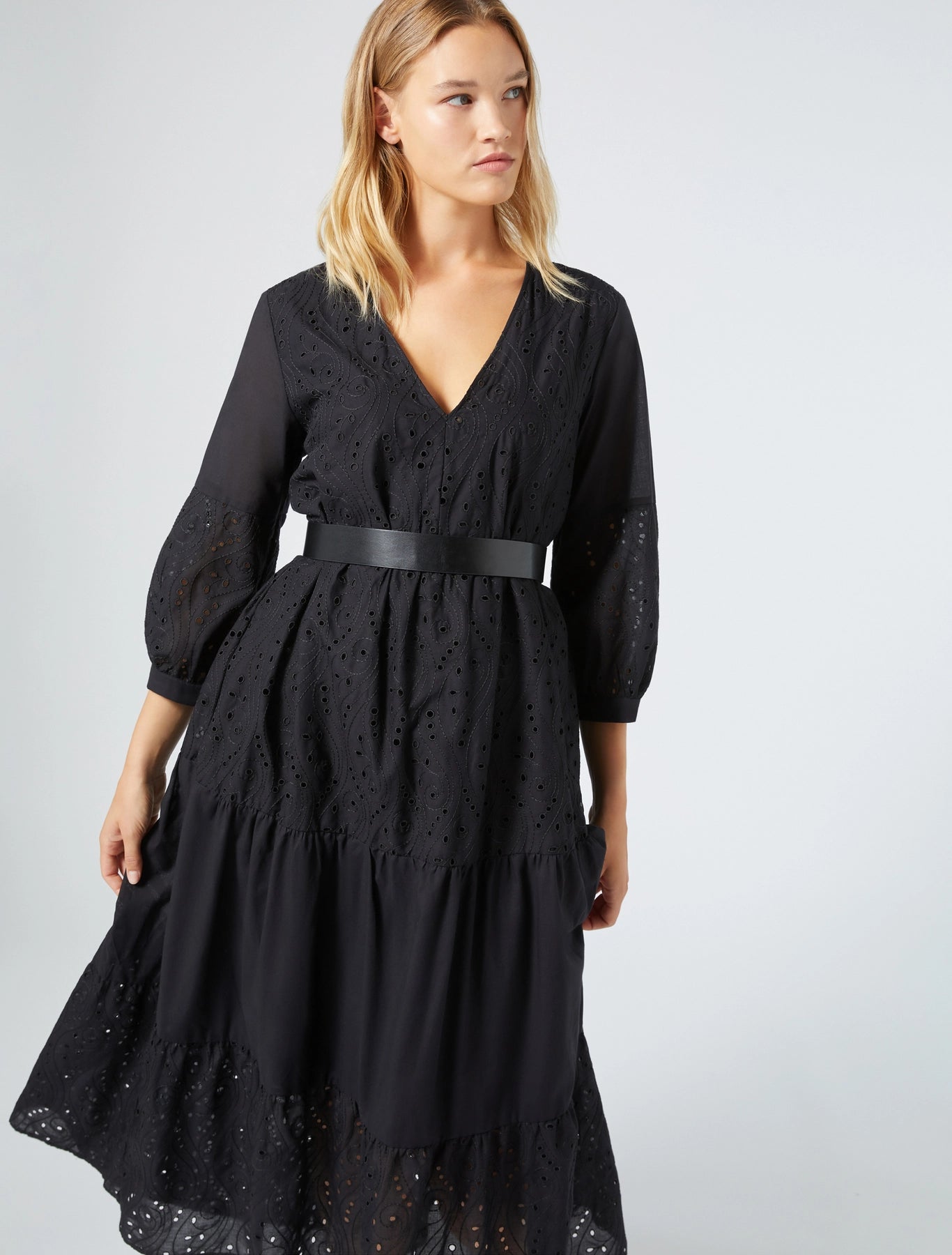 Black broderie anglaise cotton midi dress with 3/4 sleeves.Dress styled with belt, flowing silhouette