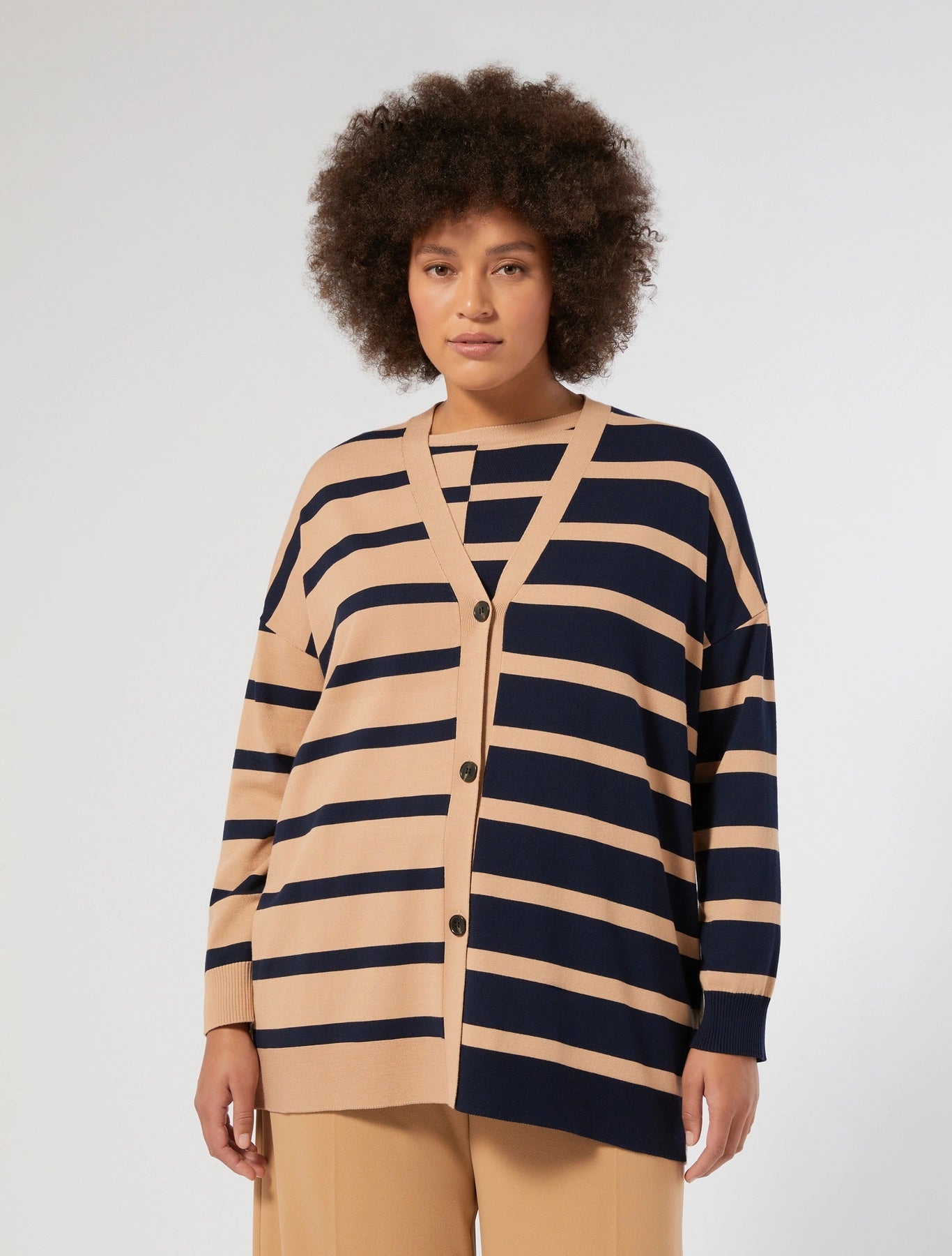 VINO striped black and beige long cardigan with buttons – Persona by Marina Rinaldi