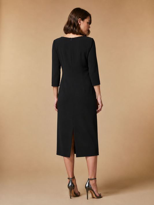 Elegant Dress DICOREO with silver embroidery, square neckline, zipper back, slit, and 3/4 sleeves