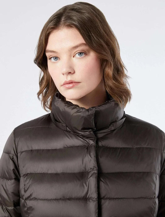 VIADANA iridescent nylon puffer coat with matching belt and removable hood