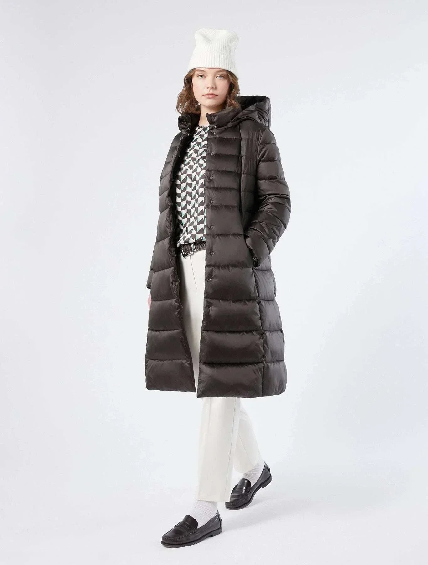 VIADANA iridescent nylon semi-fitted puffer coat with elastic waist belt and removable hood