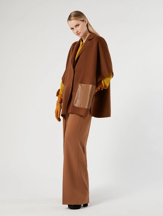 Plus size double wool-blend tobacco cape with lapel collar and patch pockets by Persona by Marina Rinaldi