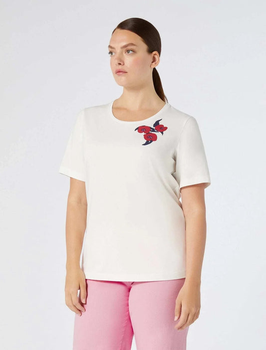 KIPUR Printed Cotton T-shirt in stretch jersey with red poppy and geometric heart prints from N.O.W. Collection