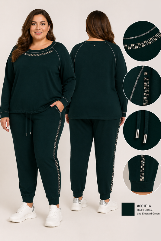 ROCCY Sport Set in deep dark oil blue with rhinestone and silver thread details for plus size athleisure comfort and elegance