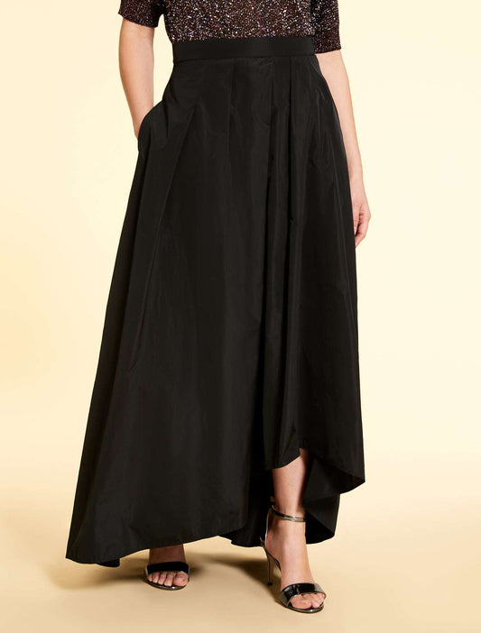 Elegant Skirt CONFETTO taffeta flared with pleated front and asymmetrical hem