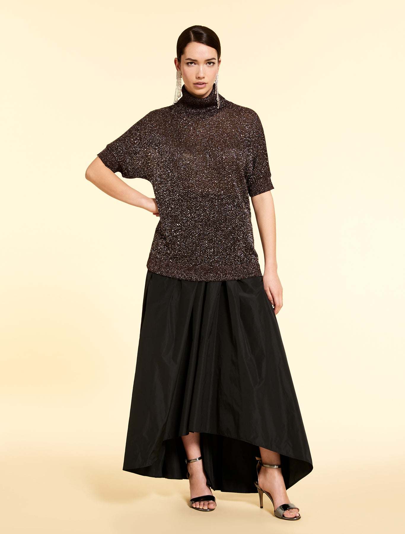 Elegant Skirt CONFETTO taffeta flared pleated front asymmetrical hem