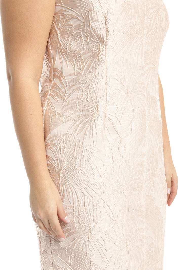 Marina Rinaldi DIAMETRO crepe sheath dress in crinkled silk crepe with botanical jacquard, V-neckline and subtle back slit.