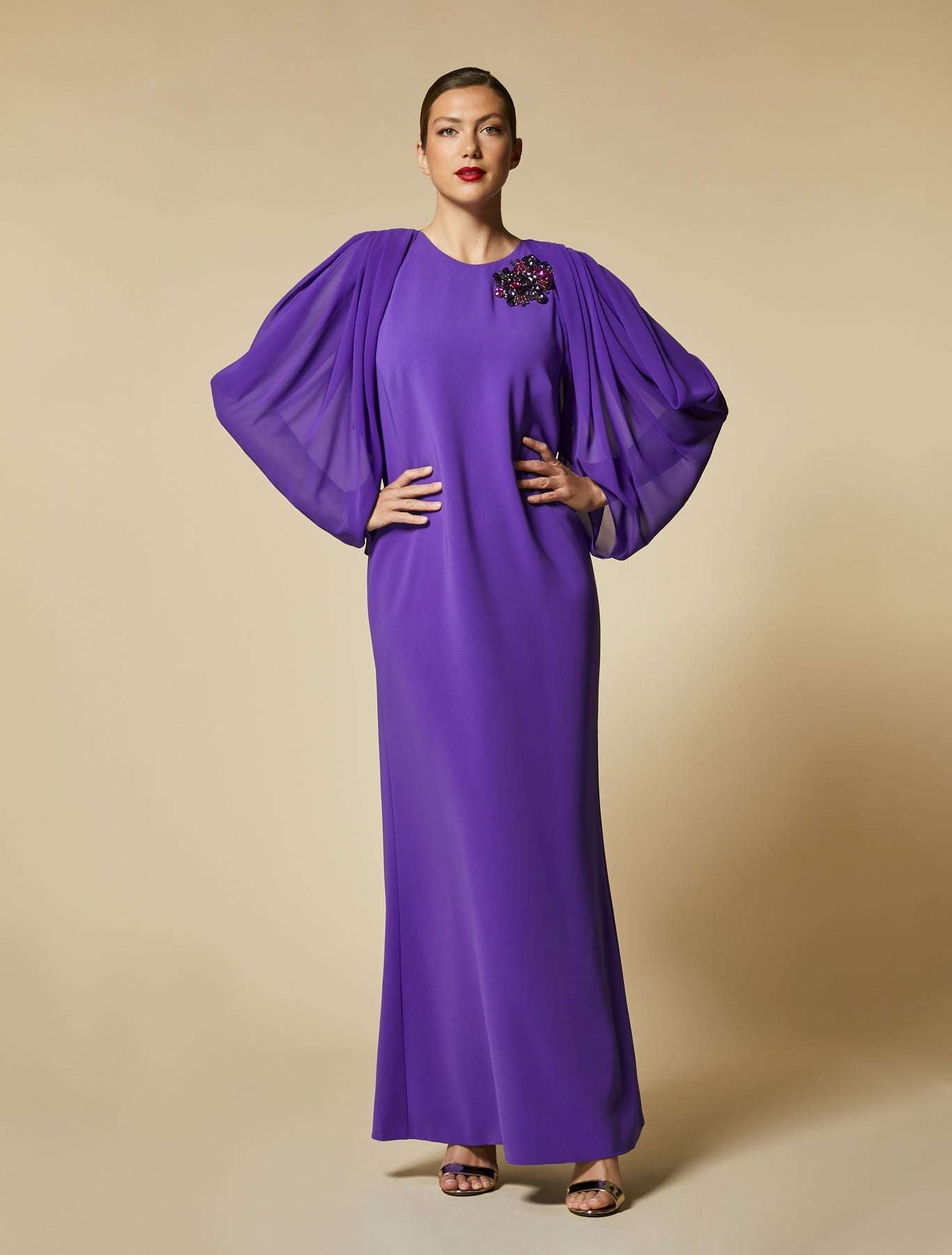 Dress DEDICATO crepe georgette triacetate three-quarter sleeve with pleats and crystal embroidery