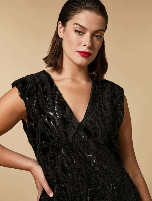 Dress DESIDERI embroidered stretch velvet with structured shoulders and V-neckline