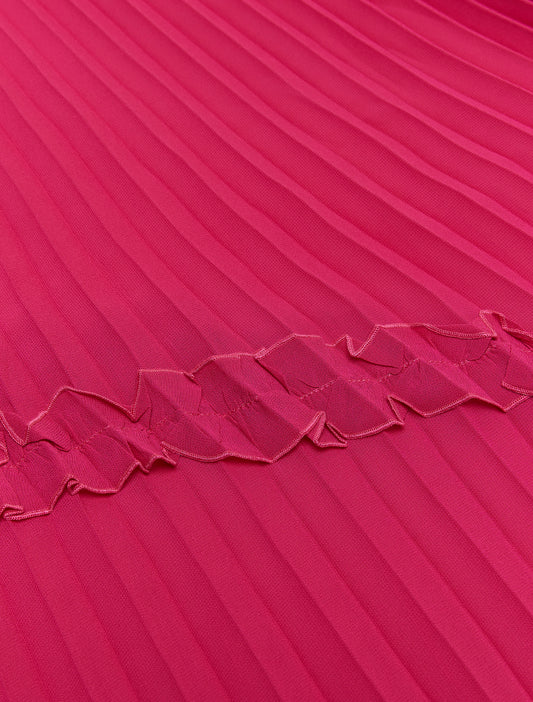 Close-up of pleated detail and stitched trims on pink stole”