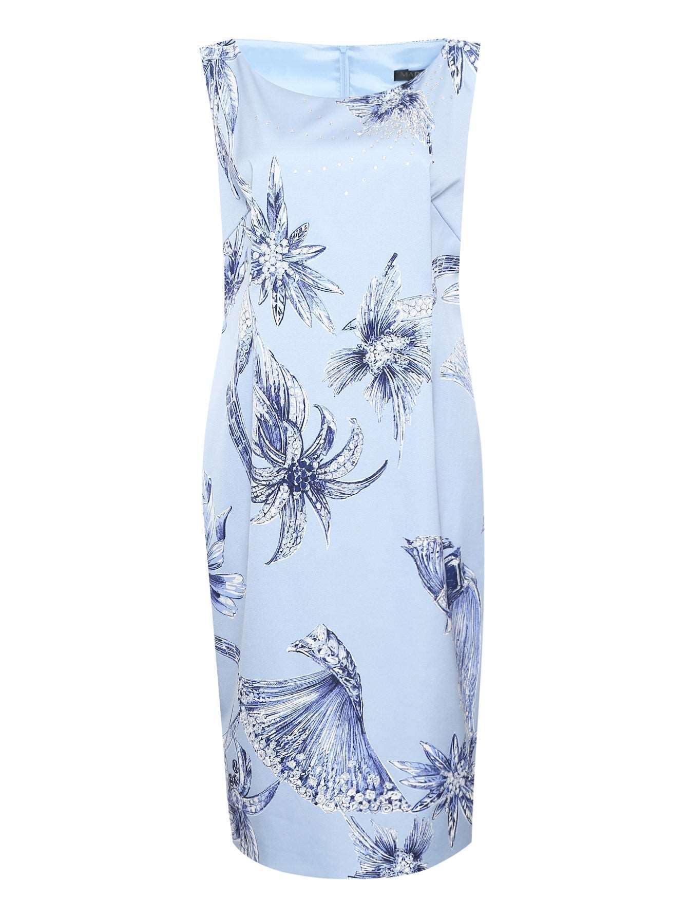 Elegant DECAEDRO dress with crystal embellishments, round neckline, back slit, and hidden zipper.