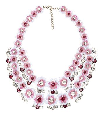 Pink necklace LILUM with sparkling diamonds inspired by blooming sakura, 65 cm length