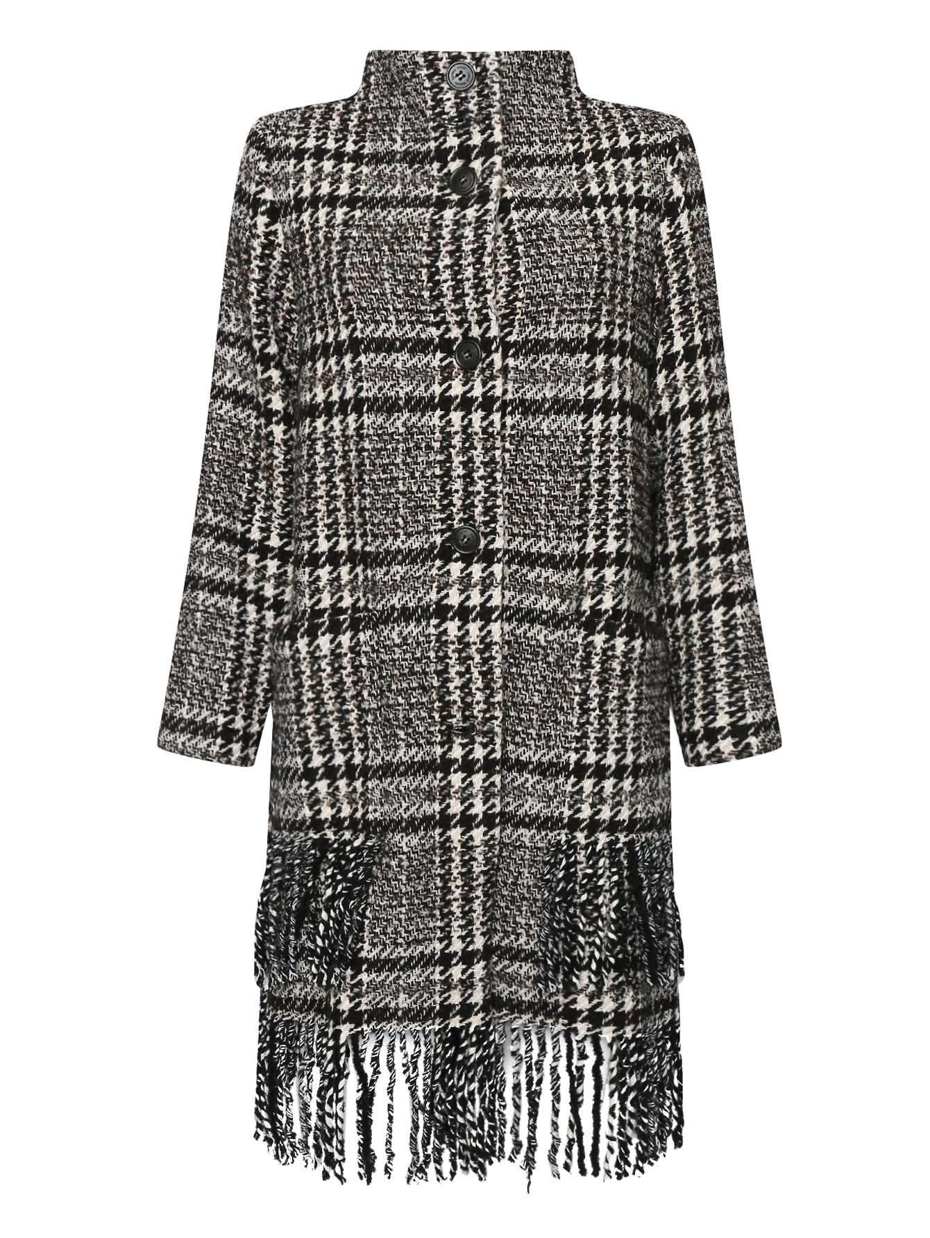 Coat TARTU luxurious wool coat with stand-up collar and fringe details