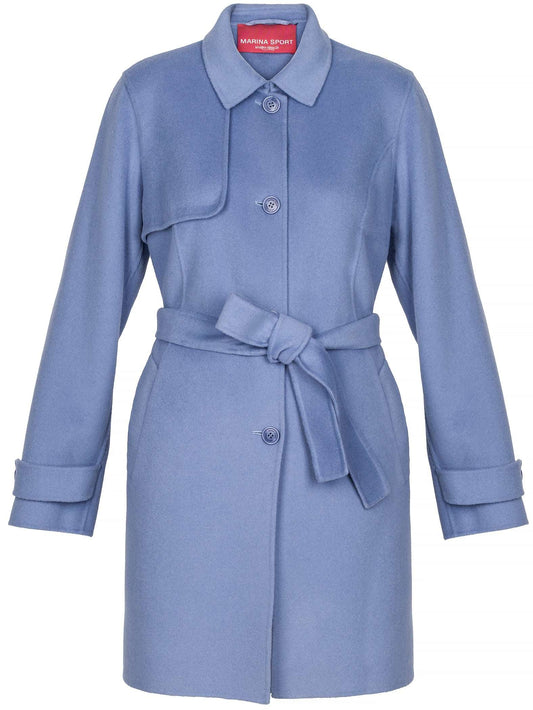 Light blue NADIR wool blend coat with straight silhouette and waist belt for spring elegance