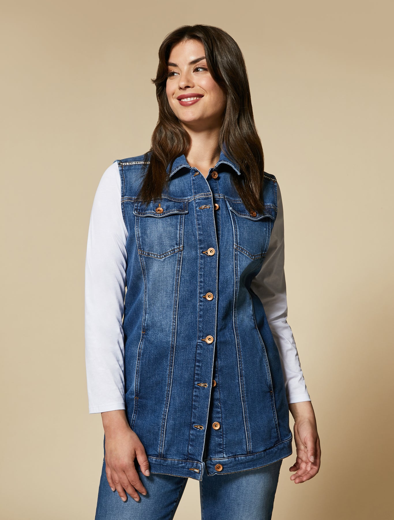 GABBIATE denim vest by Marina Rinaldi with rhinestone shoulders and back belt – front and back view