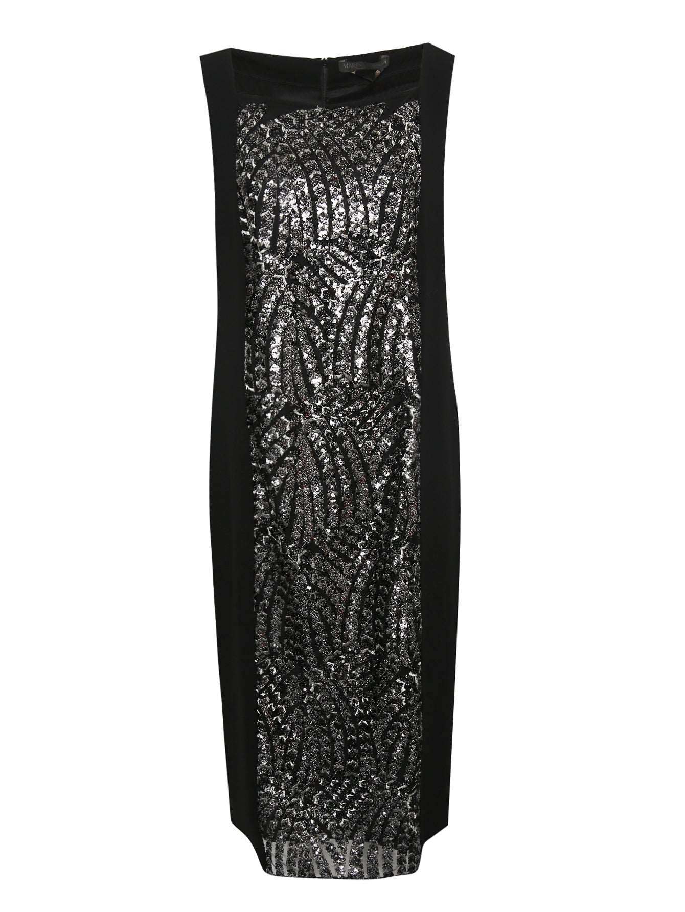 Elegant Dress DICOREO with silver embroidery, square neckline, 3/4 sleeves, back zipper, and slit for evening wear