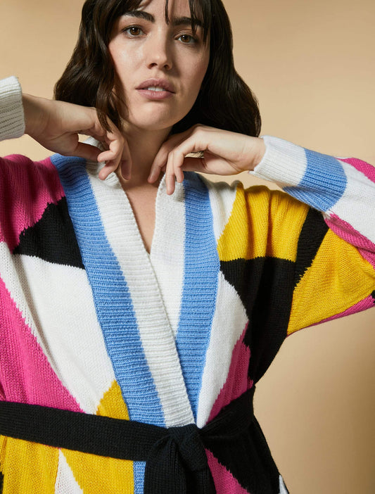 Cardigan MAGICCO cozy wool-blend V-neck cardigan with multicoloured inlay and matching belt