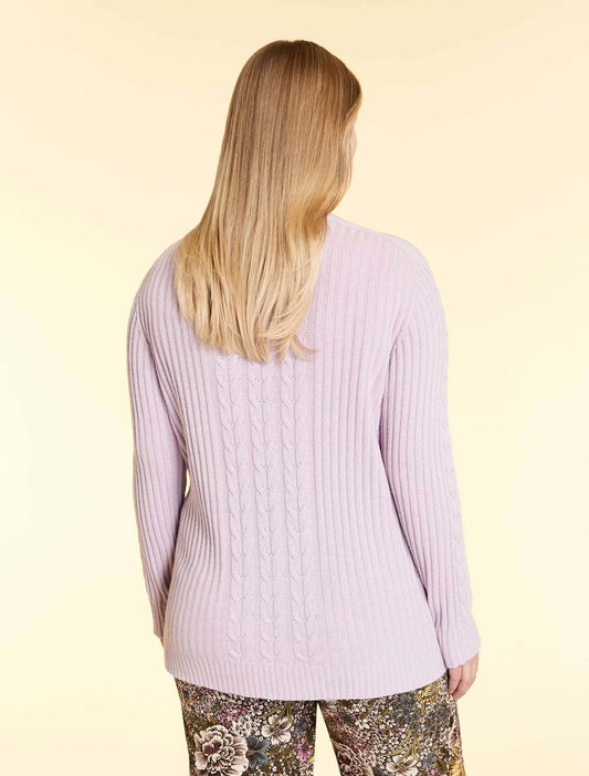 Cable and rib-knit sweater ABETAJA in lavender with V-neck and long sleeves