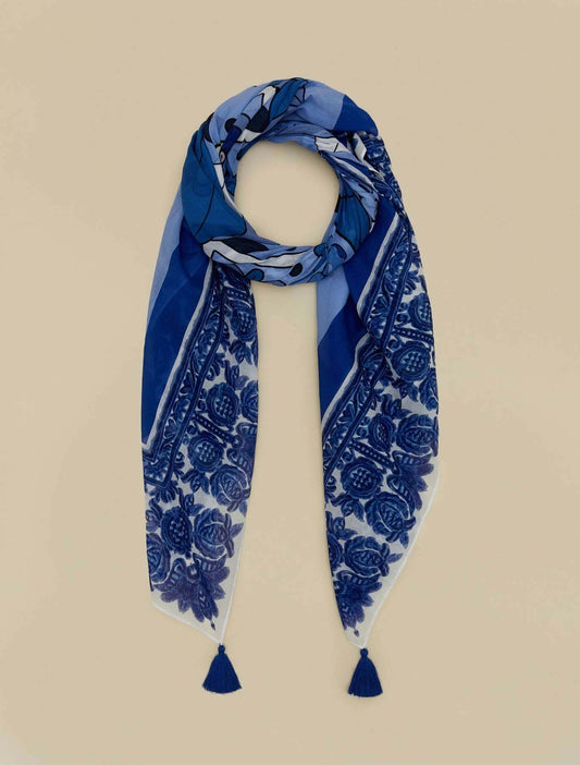 Scarf SAGGINA exclusive cotton muslin neck scarf with printed design, 133x133 cm