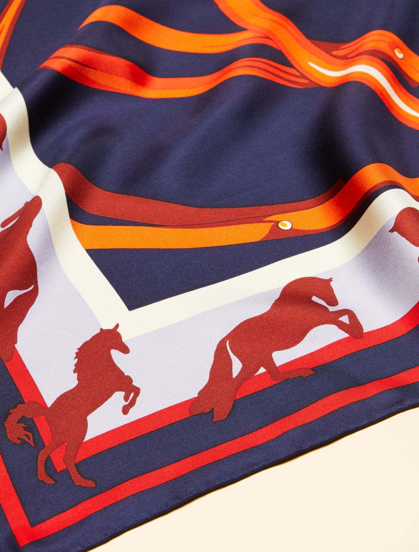 SAGGISTA Neckerchief by Marina Rinaldi in silk twill with equestrian print in navy, red, and orange