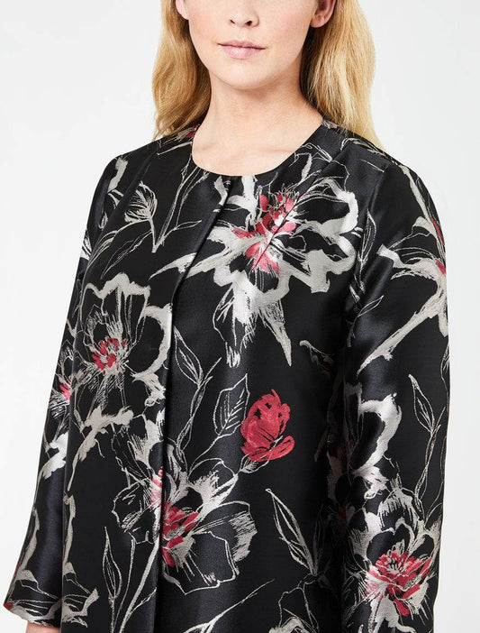 NOEMI brocade coat in black floral fabric with straight silhouette and concealed fastening