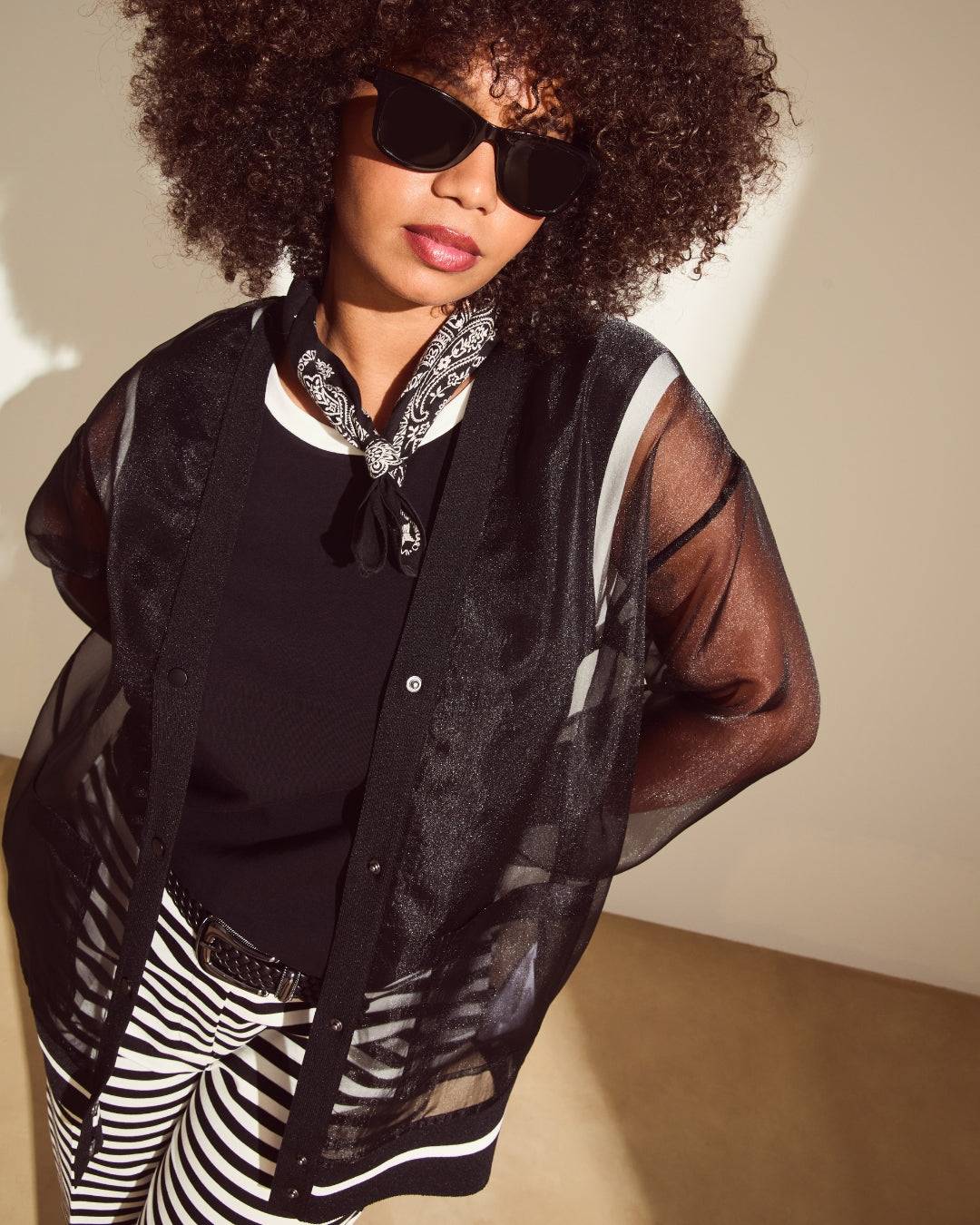 SAMO organza cardigan with knitted trims and patch pockets